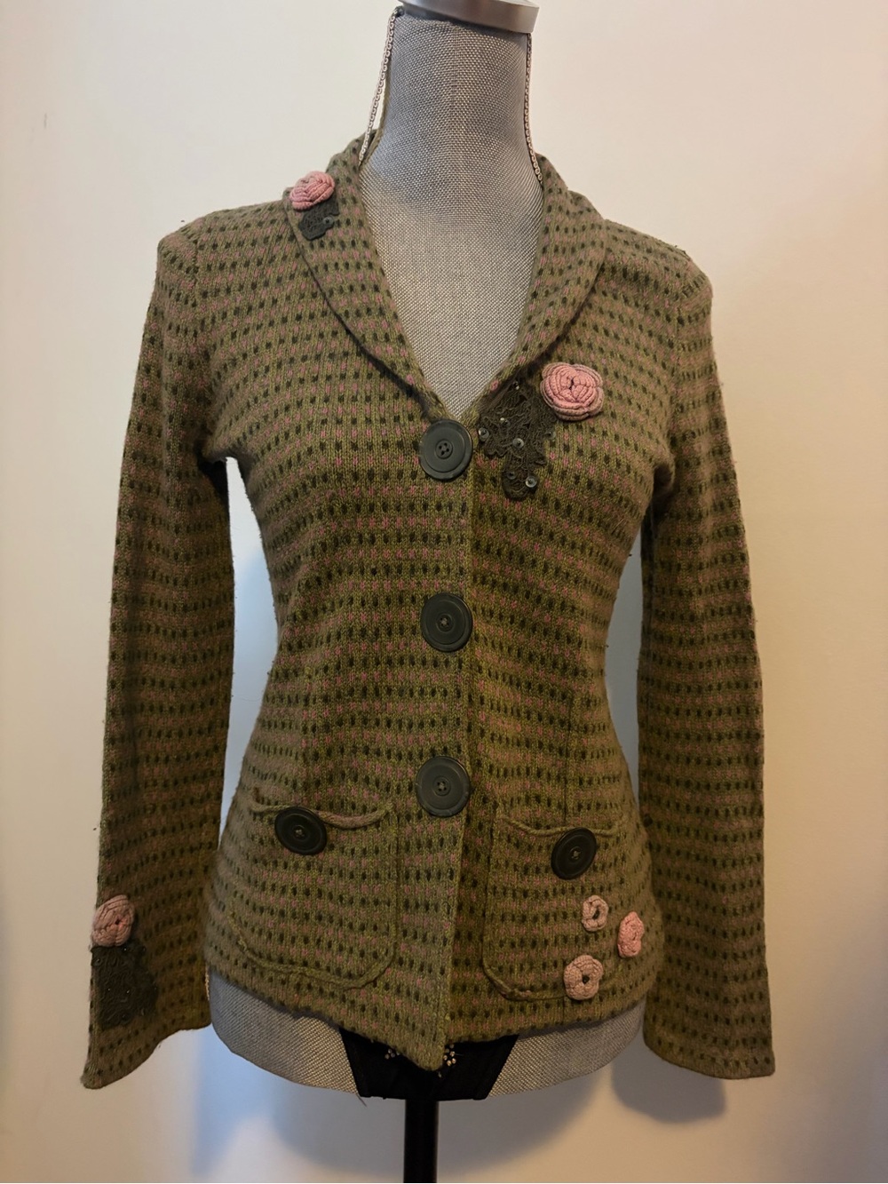 Olive Green Pink Houndstooth Cardigan Whimsy Fairy Button Blazer Sigrid Olsen